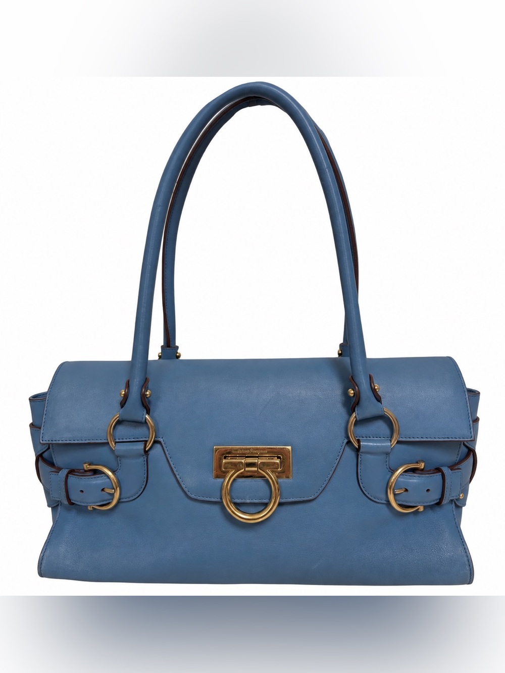 Salvatore Ferragamo Blue Leather Gancini Shoulder Bag Satchel Gold Hardware